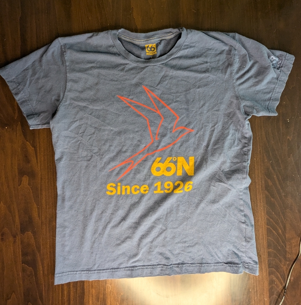 Men's Short Sleeve Graphic Tee - Blue with Yellow & Red Print